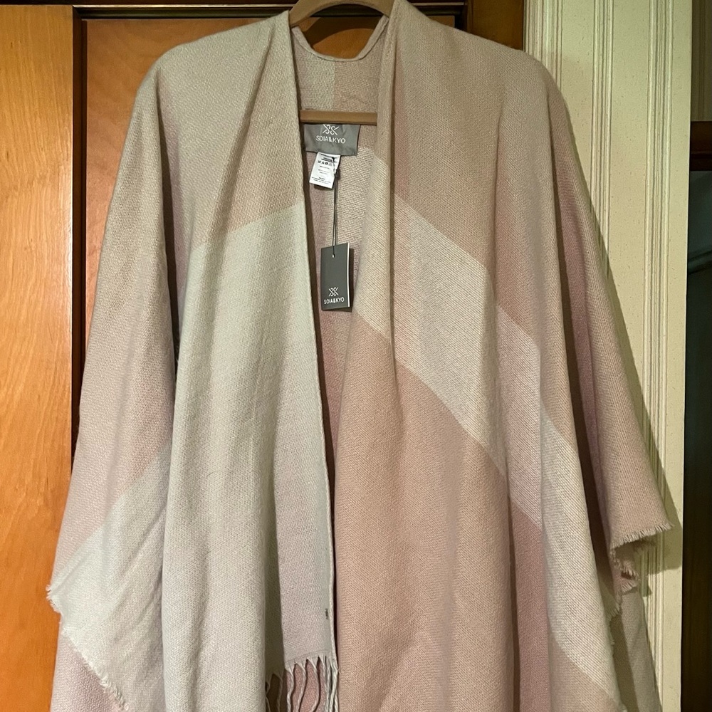 New SOIA & KYO MIREL WOVEN SCARFIGAN FRINGE HEM COLOR BLOCK beige tones OS